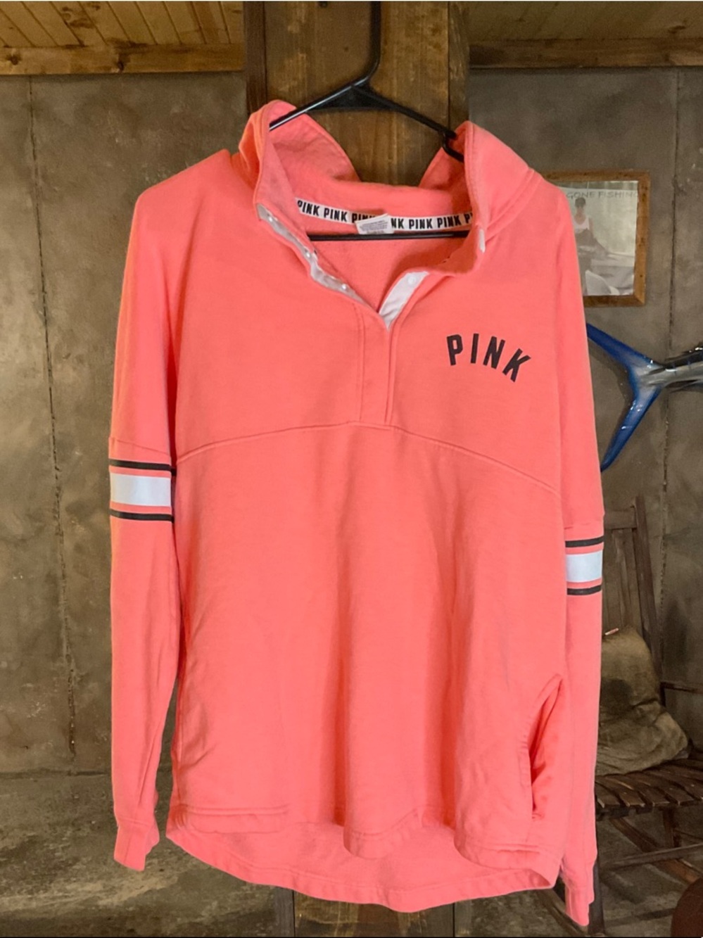 PINK Victoria's Secret Coral Half-Zip Pullover with White & Black Sleeve Stripes